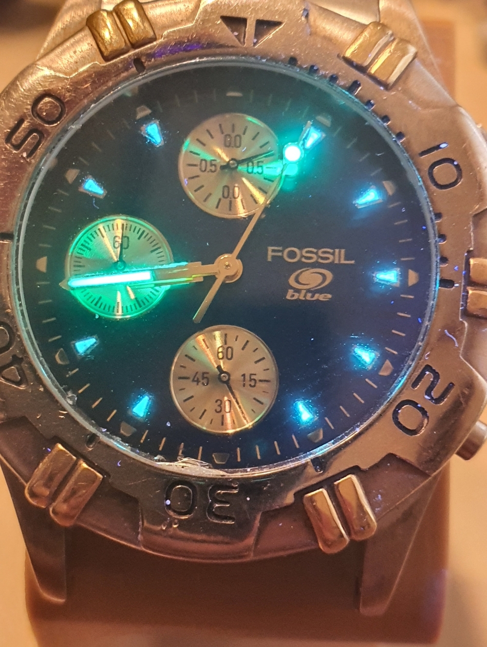 Vtg Fossil Blue CH-2665 2 Tone/Black Stainless Steel Chronograph Men's Watch - Picture 3 of 5